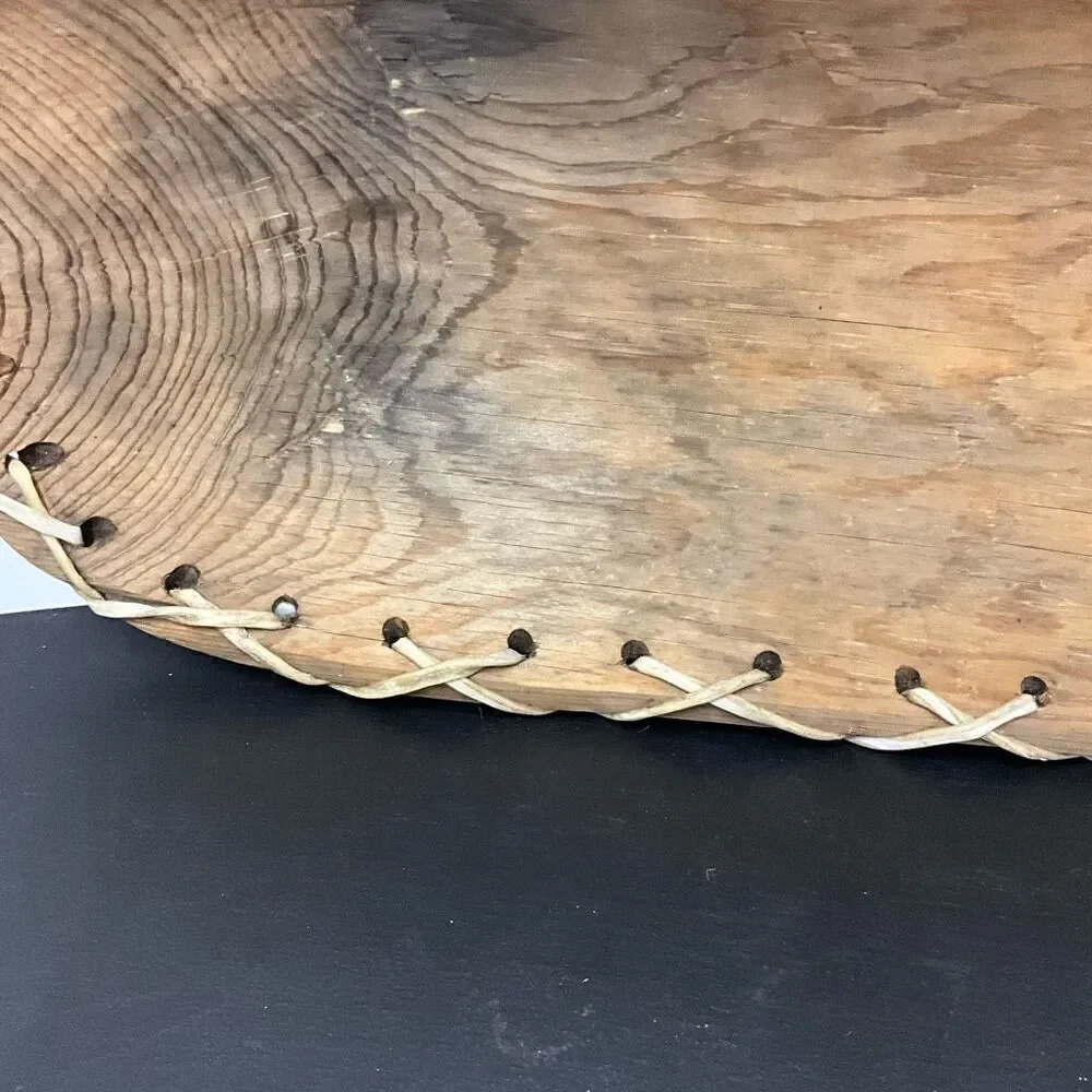 Vintage Handmade Carved Wooden Birch Bark Accent Bowl Tray Brown Lace Up Design